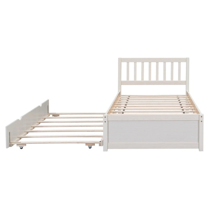 White Walnut Rubberwood Twin Platform Bed with Trundle, Sleek Design, No Box Spring Needed