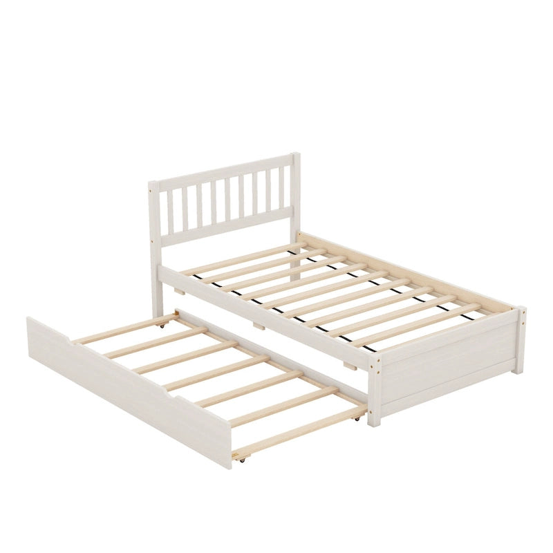 White Walnut Rubberwood Twin Platform Bed with Trundle, Sleek Design, No Box Spring Needed