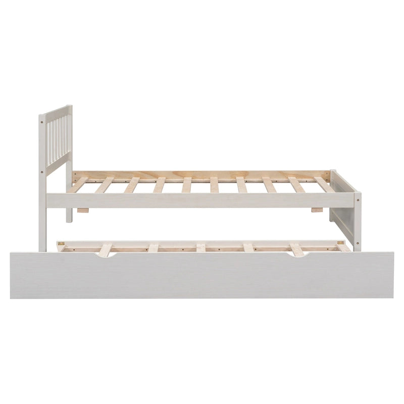 White Walnut Rubberwood Twin Platform Bed with Trundle, Sleek Design, No Box Spring Needed