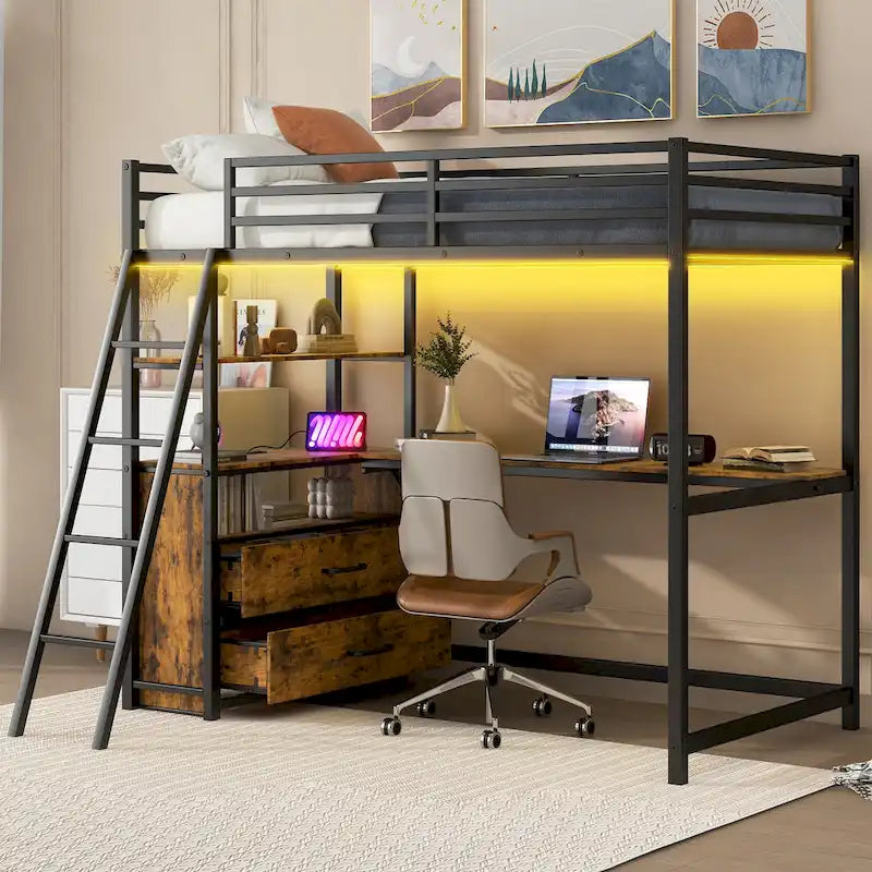 Black Twin Size Metal Wood Loft Bed with Desk and Shelves, Two Built-in Drawers, LED Light and USB Charging Station