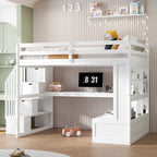 White Full Size Solid Wood Loft Bed with Desk, Shelves, and Drawers