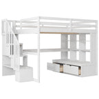 White Full Size Solid Wood Loft Bed with Desk, Shelves, and Drawers