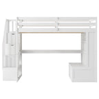 White Full Size Solid Wood Loft Bed with Desk, Shelves, and Drawers