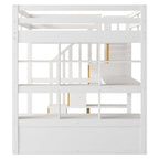 White Full Size Solid Wood Loft Bed with Desk, Shelves, and Drawers