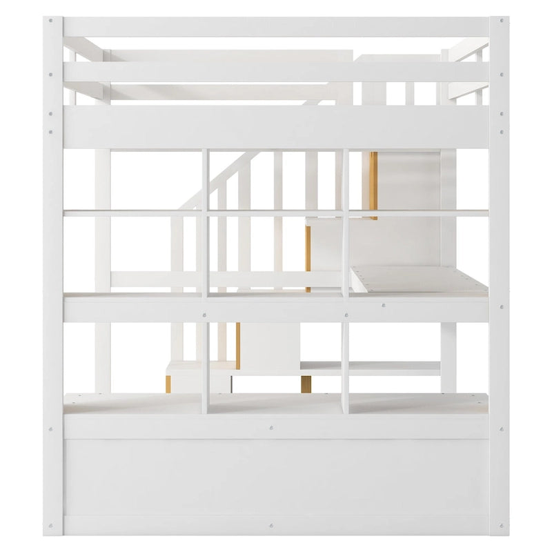 White Full Size Solid Wood Loft Bed with Desk, Shelves, and Drawers