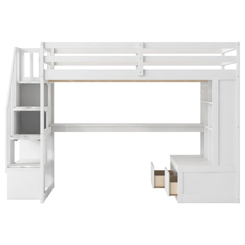 White Full Size Solid Wood Loft Bed with Desk, Shelves, and Drawers