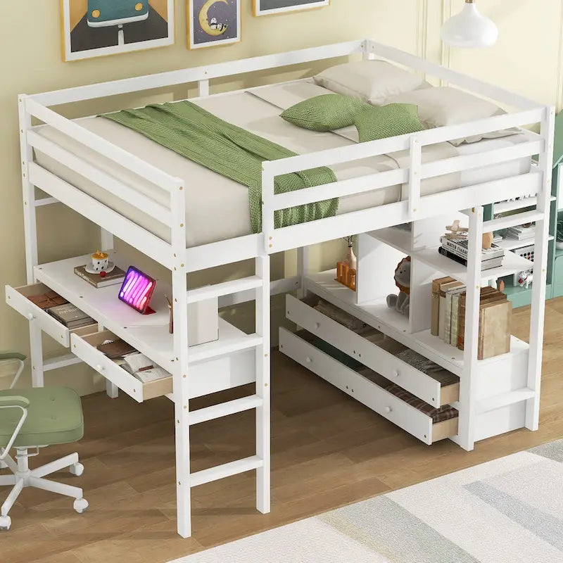 White Full Size Pine Loft Bed with Built-in Desk & Drawers