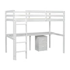 White Twin Size Wood Loft Bed with Desk, Storage, and Ladder