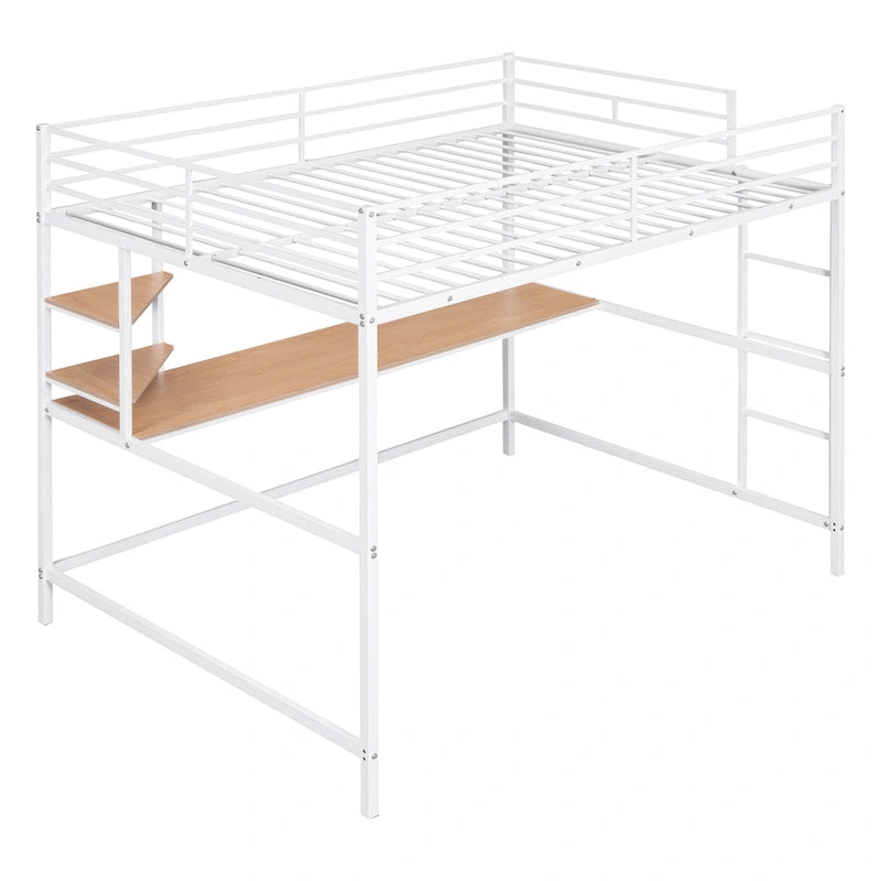 White Full Size Metal Loft Bed with Desk, Ladder, and Shelf for Kids