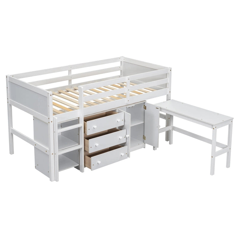 White Twin Wood Low Loft Bed with Pull-Out Desk & Drawers