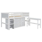 White Twin Wood Low Loft Bed with Pull-Out Desk & Drawers