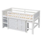 White Twin Wood Low Loft Bed with Pull-Out Desk & Drawers
