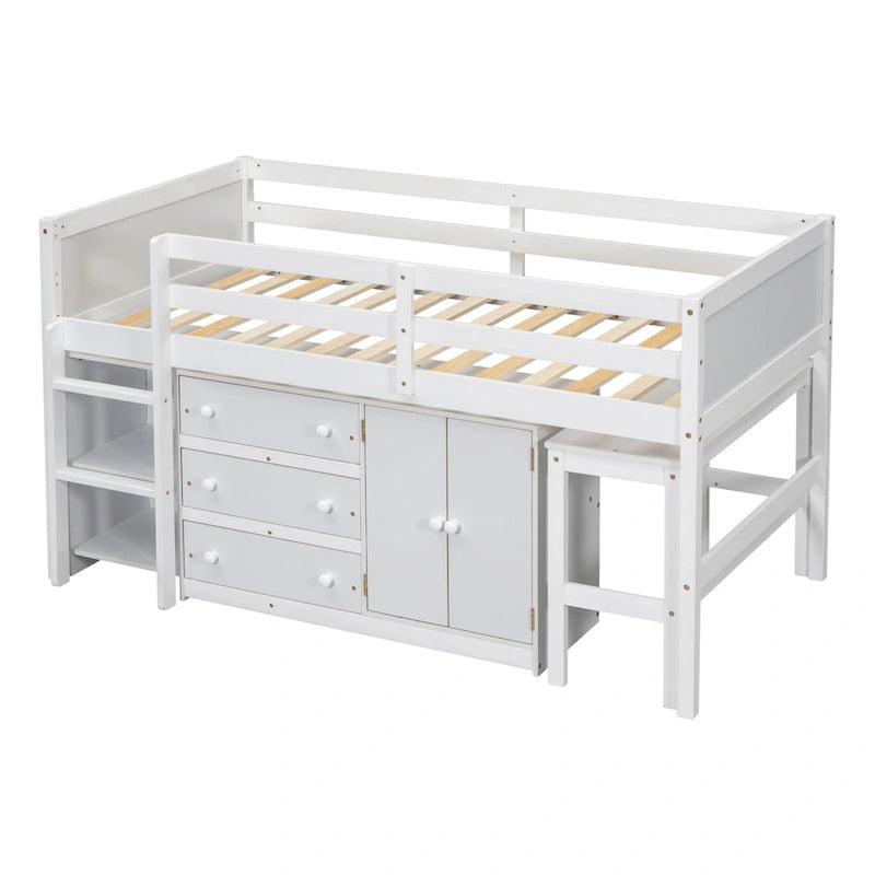 White Twin Wood Low Loft Bed with Pull-Out Desk & Drawers