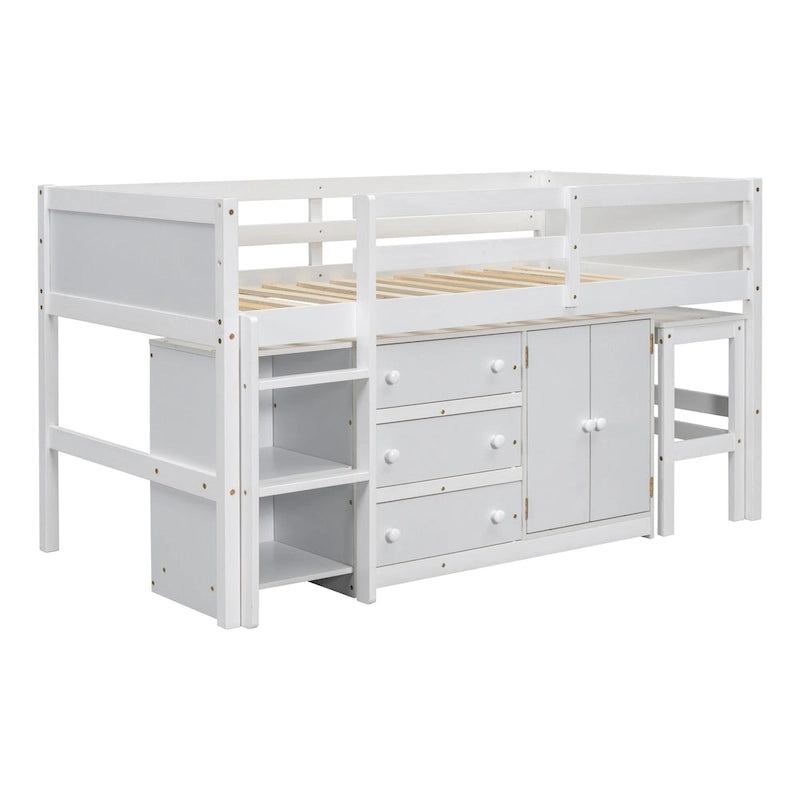 White Twin Wood Low Loft Bed with Pull-Out Desk & Drawers