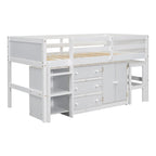 White Twin Wood Low Loft Bed with Pull-Out Desk & Drawers