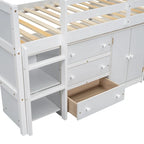 White Twin Wood Low Loft Bed with Pull-Out Desk & Drawers