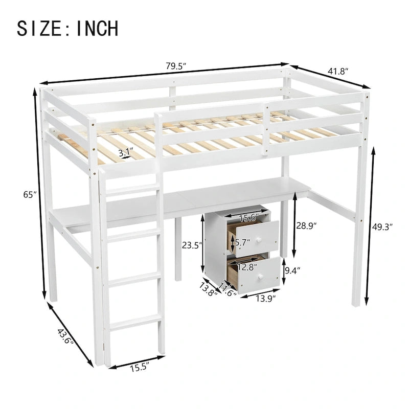 White Twin Wood Loft Bed with Desk, Storage & Guardrails