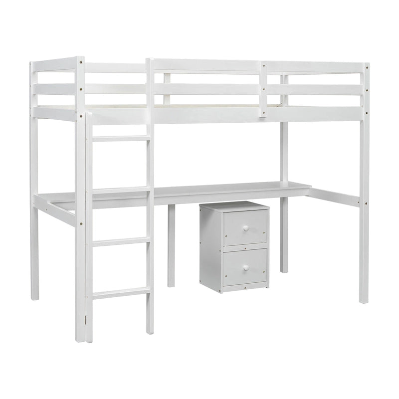 White Twin Wood Loft Bed with Desk, Storage & Guardrails