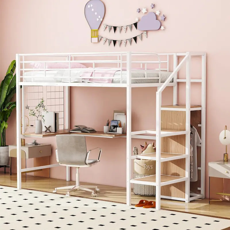 White Modern Twin Metal Loft Bed with Storage
