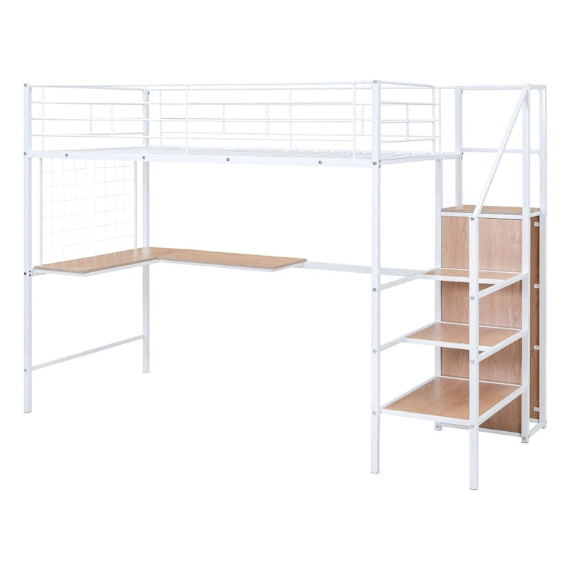 White Modern Twin Metal Loft Bed with Storage