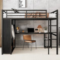 Black Queen Loft Bed with Built-in Wardrobe, Desk, and Storage Shelves, Space-Saving Design