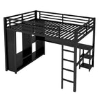 Black Queen Loft Bed with Built-in Wardrobe, Desk, and Storage Shelves, Space-Saving Design