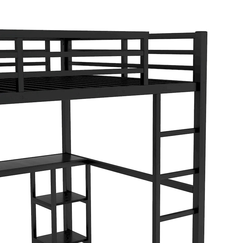 Black Queen Loft Bed with Built-in Wardrobe, Desk, and Storage Shelves, Space-Saving Design