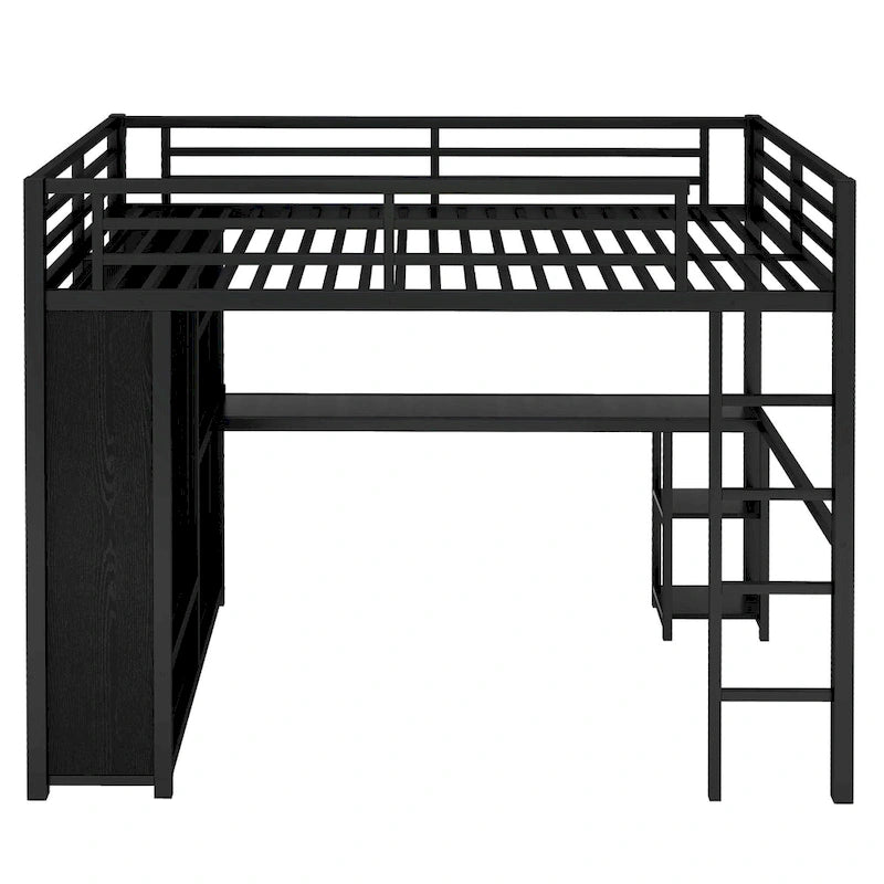 Black Queen Loft Bed with Built-in Wardrobe, Desk, and Storage Shelves, Space-Saving Design