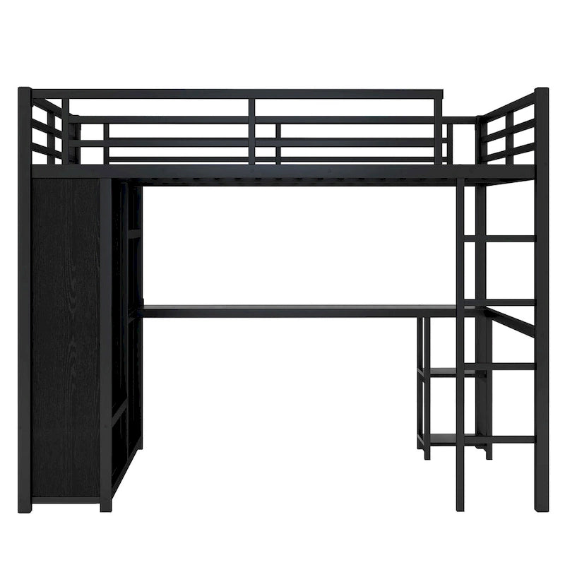 Black Queen Loft Bed with Built-in Wardrobe, Desk, and Storage Shelves, Space-Saving Design