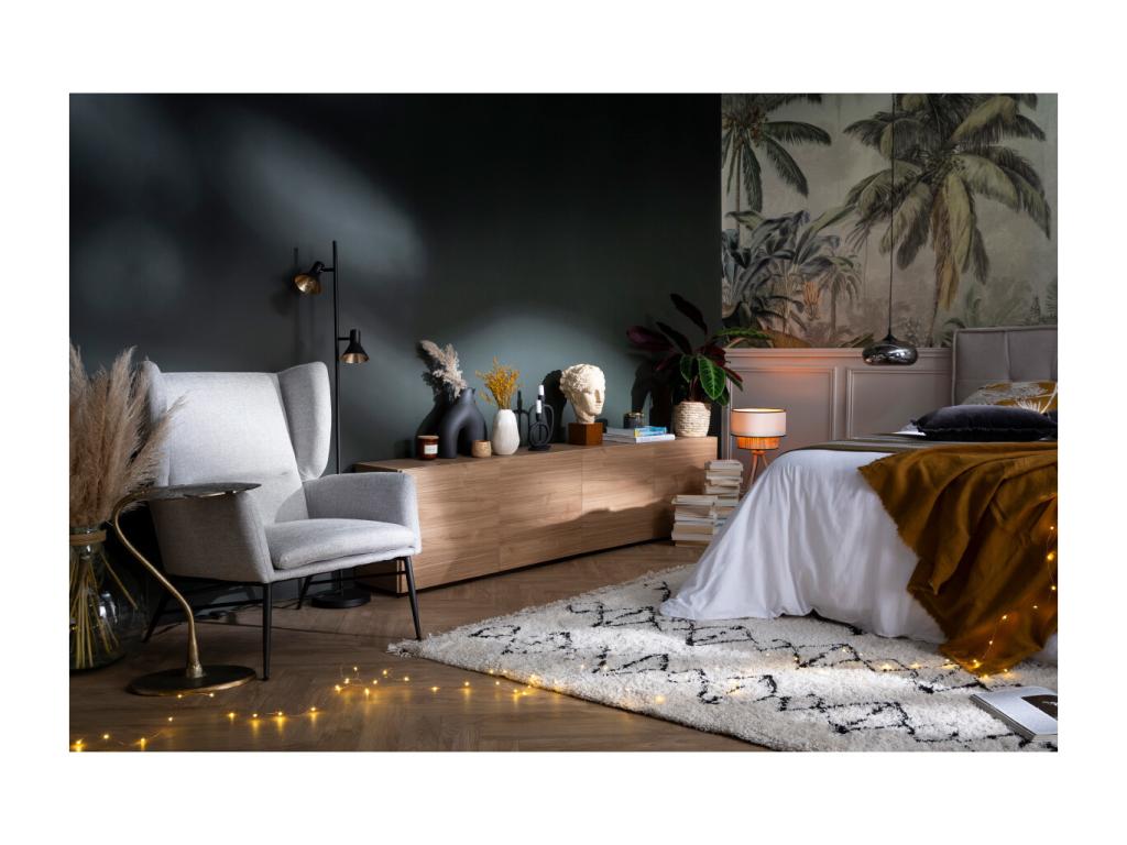 Bohometop 59907ASNL designer armchair in textured green velvet-effect fabric and black metal