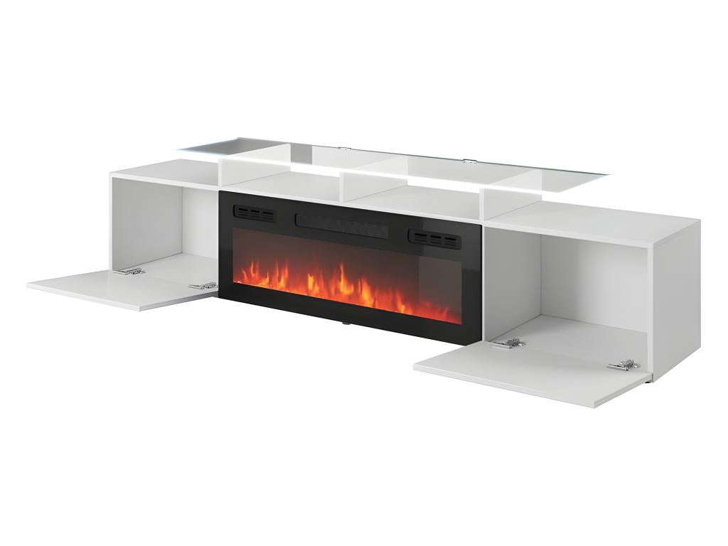 High-gloss black TV stand 190x49x37cm with integrated fireplace, Bohometope, freestanding, 95066KYUZ
