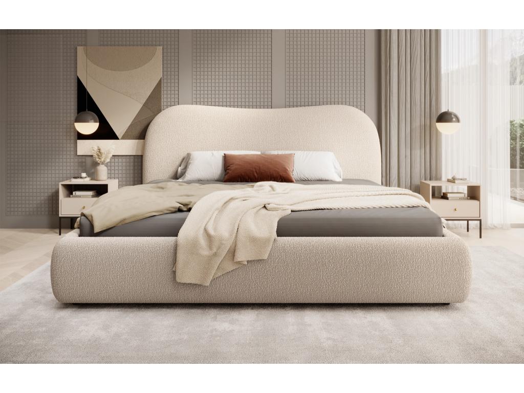 Storage bed with headboard - 160x200 cm - in beige bouclé fabric - Bohometop 62800NTMP