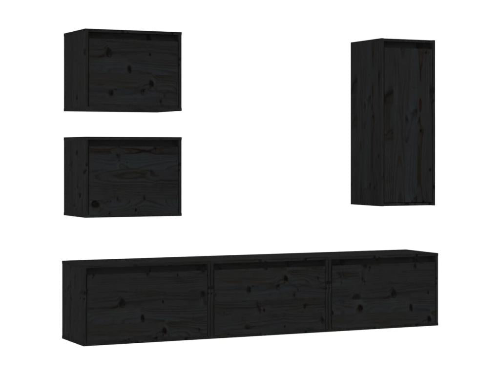 6-piece TV stand, black, solid pine wood, 66997LVMH