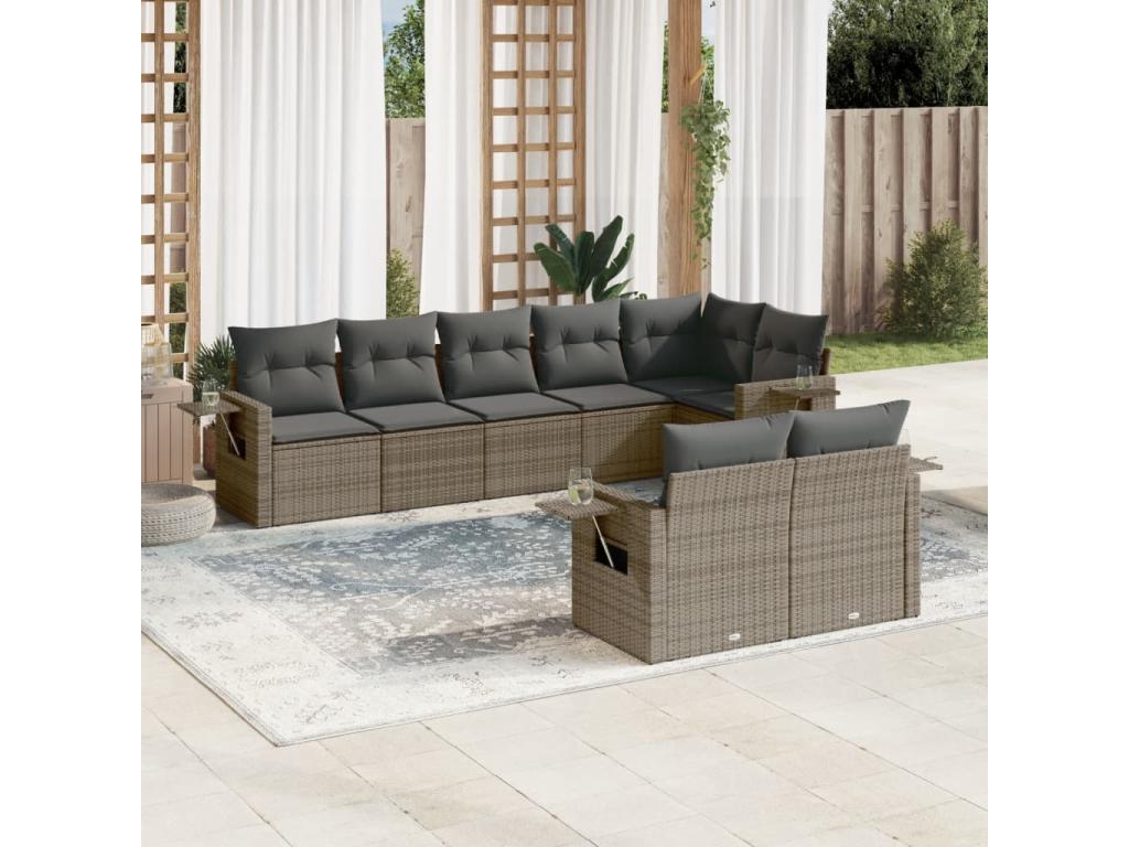 8-piece garden furniture set with grey resin wicker cushions 07512ELHC