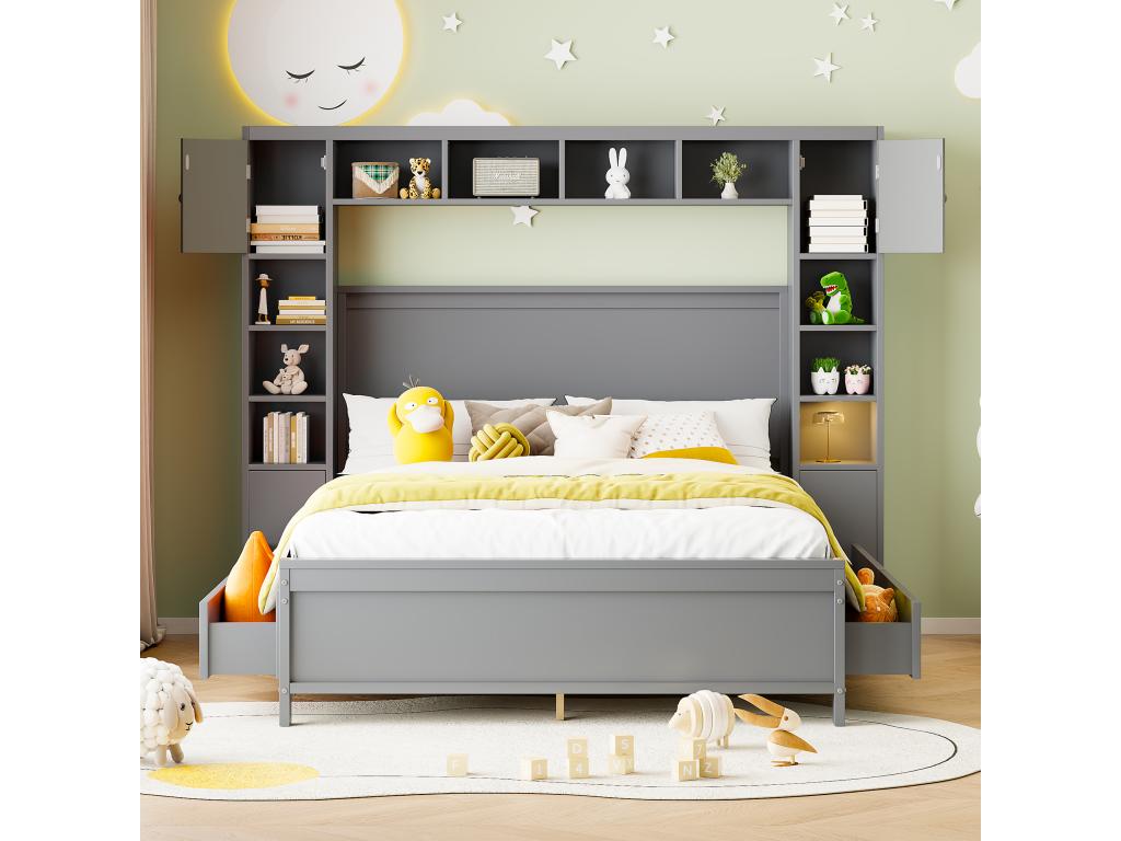 140x200 cm bed with 4 drawers and storage - Solid wood - Grey finish - Bohometop 21638GLVR