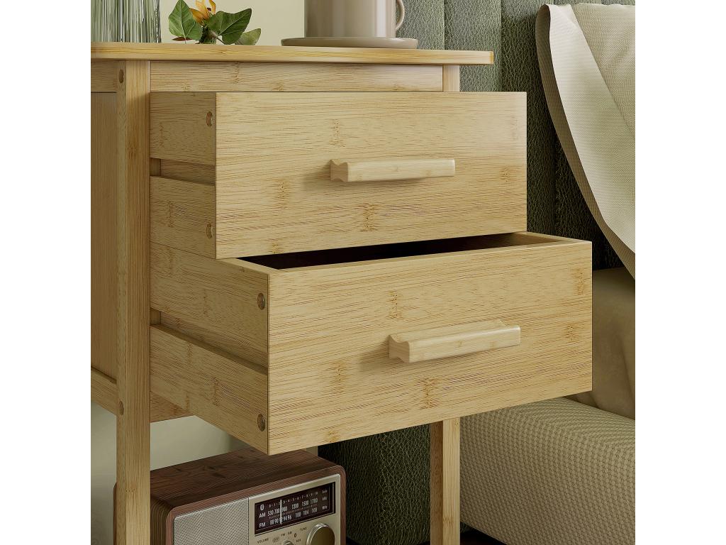 Set of 2 bedside tables in natural style - 2 drawers and shelf - varnished Bohometop wood 02486DFQE