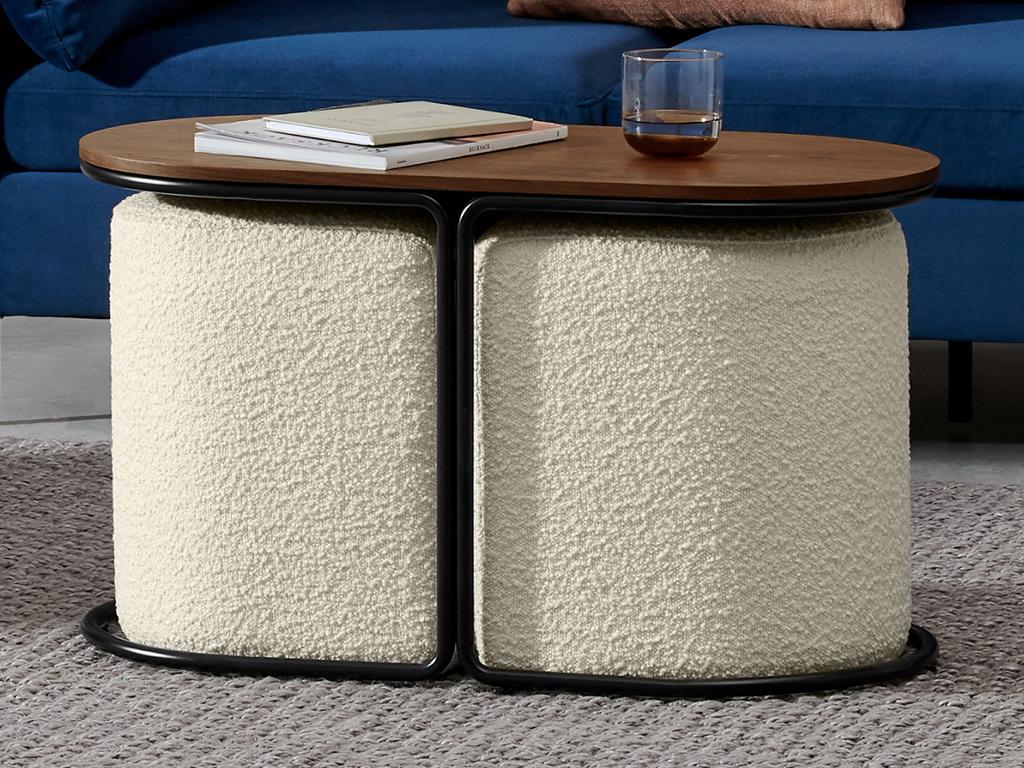 Coffee table with 2 looped fabric poufs - Natural and white - Bohometop 43057TJAO