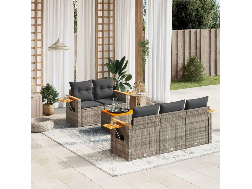 6-piece garden furniture set with grey resin wicker cushions 83406NDKN