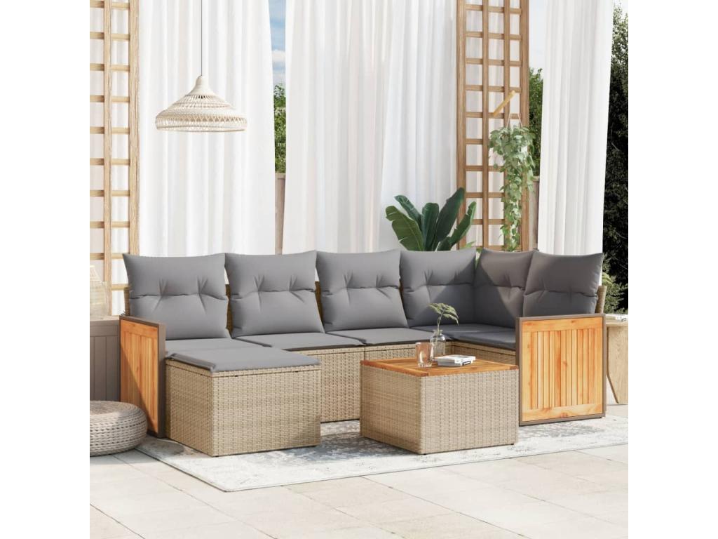 7-piece garden furniture set with cushions, beige wicker resin, 25054PXUP