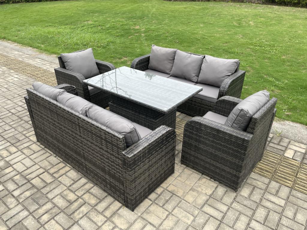 Rattan garden dining set with height-adjustable dining table, 2 reclining chairs, and 2 sofas. MéBohometop dark grey 54319RXYV