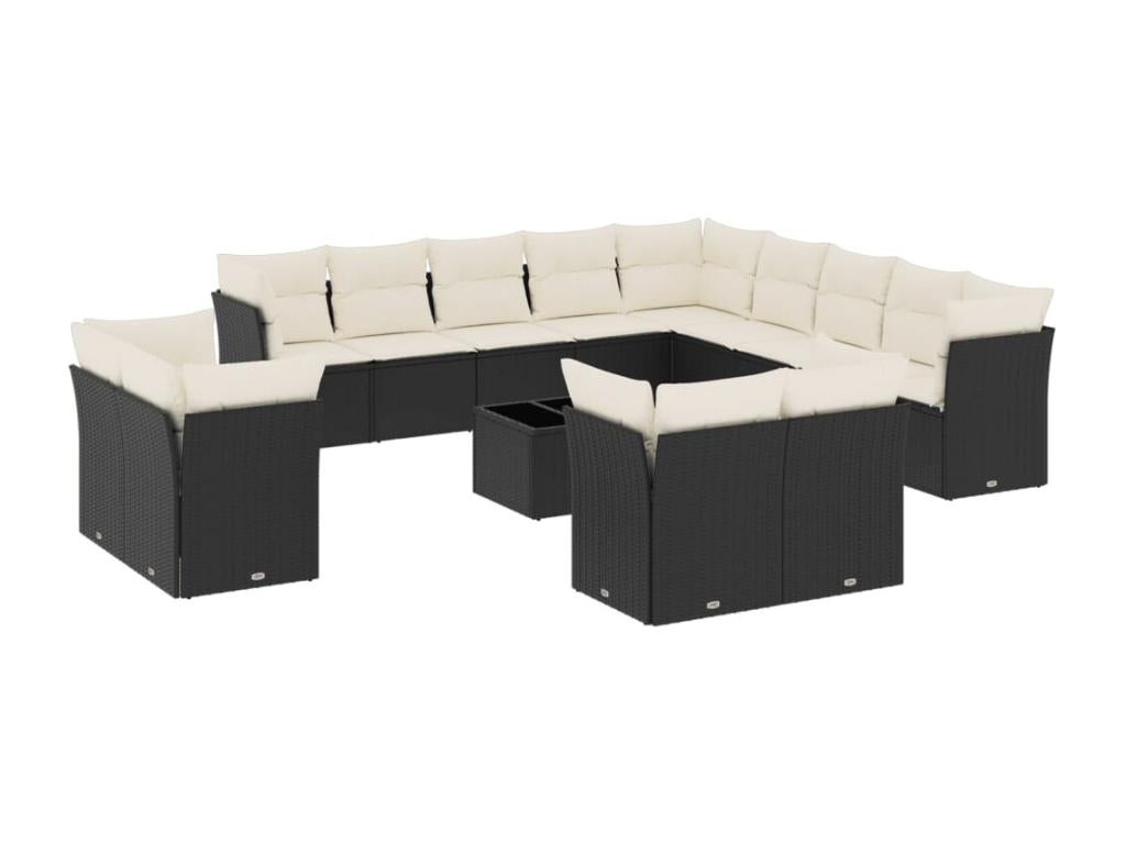 14-piece garden furniture set with cushions, black woven resin