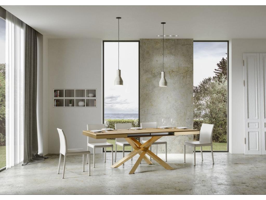 Extendable table for 4 to 8 people, natural oak with gold-tone interlaced legs, L 120 to 224cm, Bohometop 77221JKEE