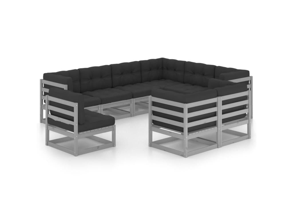 9-piece garden furniture set with cushions, grey, solid pine wood, 2 09944QASE