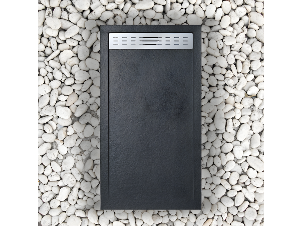 90x110 cm shower tray with side grate, Homelumierenoir, made of synthetic resin and marble powder, with drain