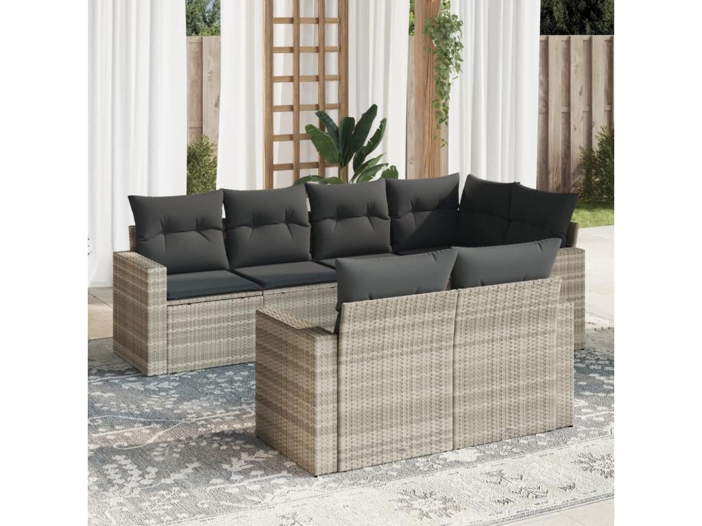 7-piece garden furniture set with cushions, light grey woven resin 96845ZUHT