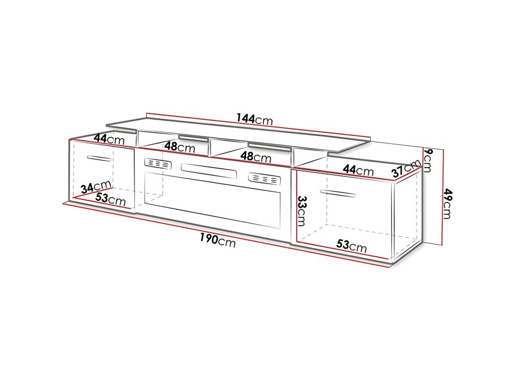 High-gloss black TV stand 190x49x37cm with integrated fireplace, Bohometope, freestanding, 95066KYUZ