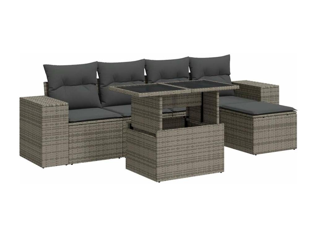 6-piece garden furniture set with grey resin wicker cushions