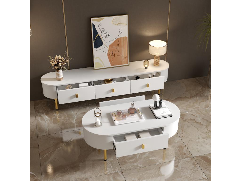 Modern TV stand and coffee table set - 174x35x41 cm 108x50x40 cm - MDF wood and gold legs - White 49712GAWU