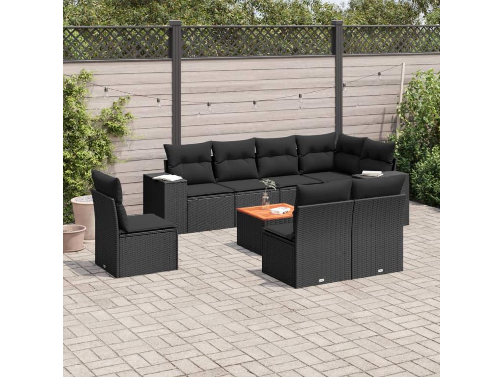 9-piece garden furniture set with cushions, black woven resin