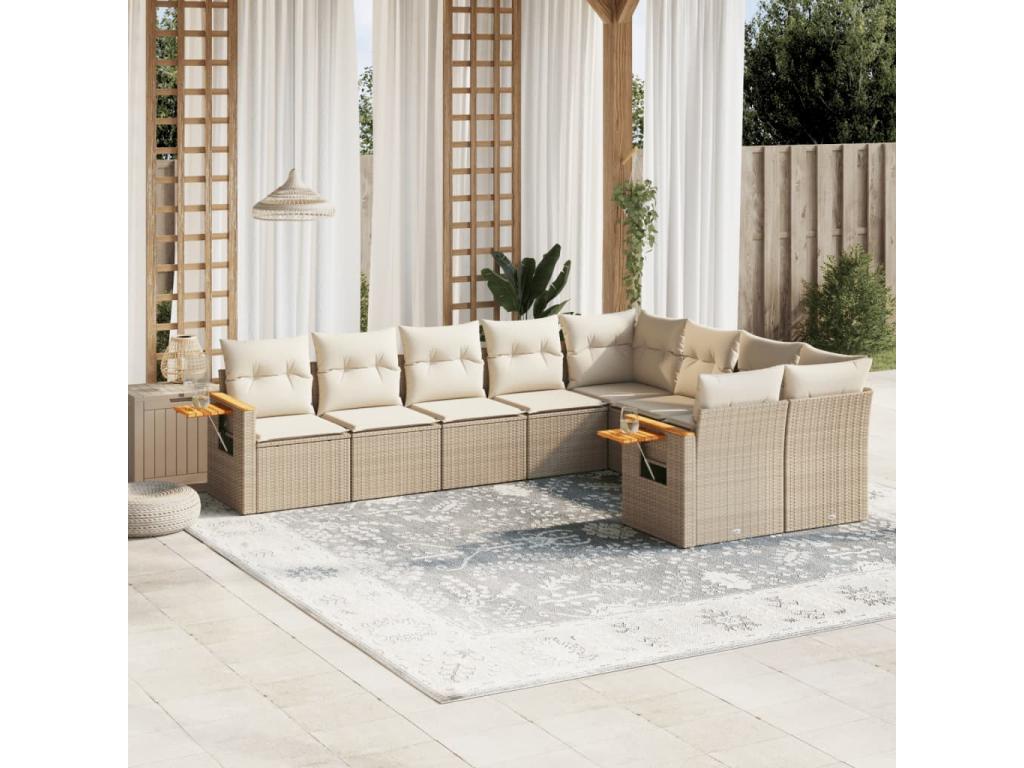 9-piece garden furniture set with cushions, beige woven resin, 56064TWCU